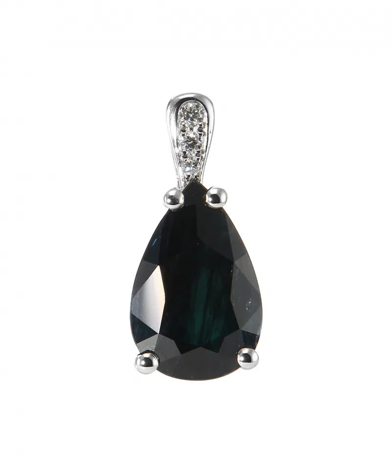Pendentif Saphir Bleu Poire 11x9mm et Diamants en Or Blanc 750 pour femme - Bijoux Trabbia Vuillermoz